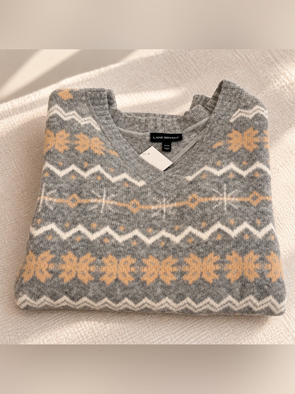 Lane Bryant Fair Isle Sparkle V-Neck Pullover Sweater Gray & Peach 22/24 NWT